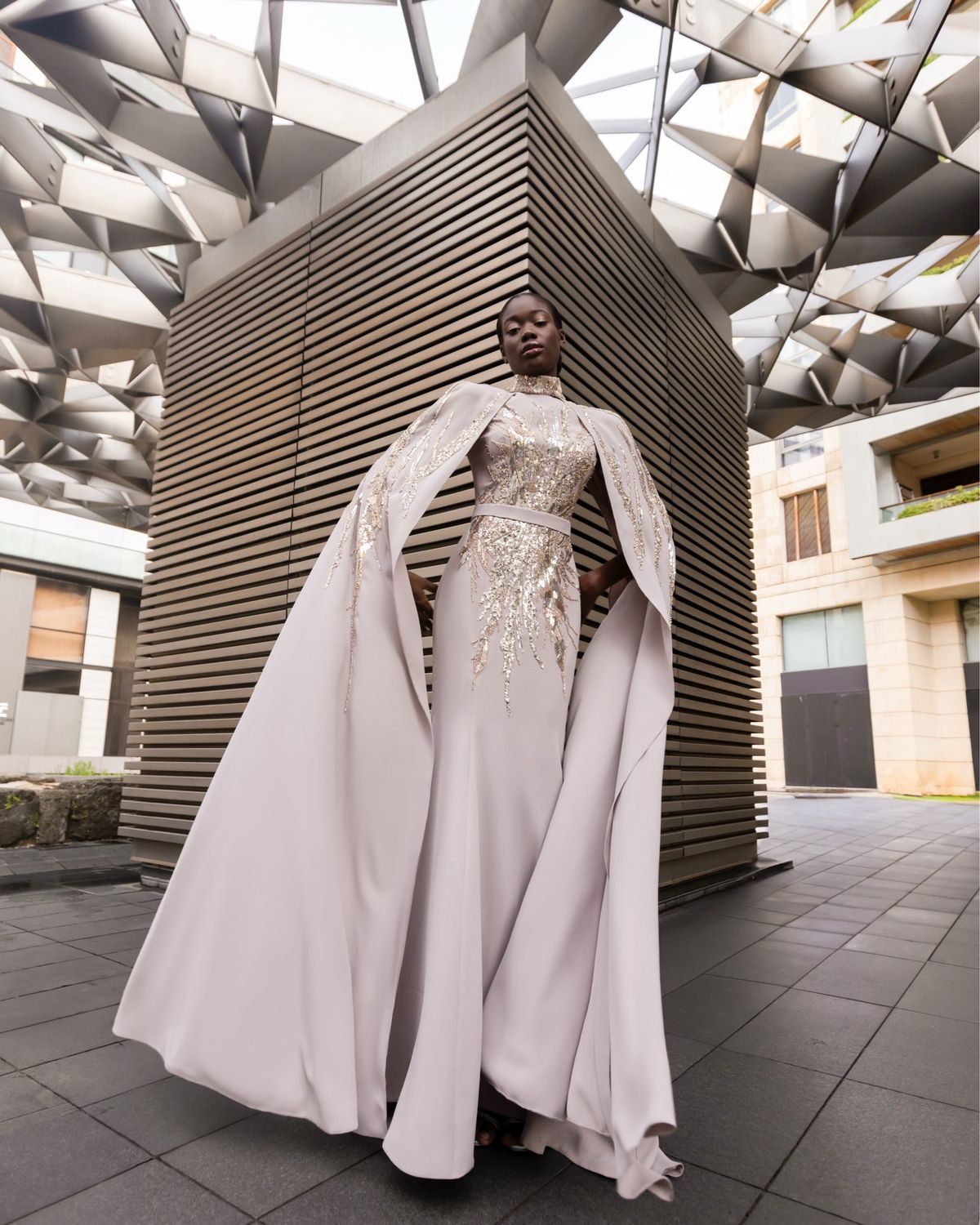 Long sleeve, Cape Gown. -Beige Long sleeve, Cape Gown. -Beige