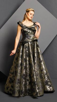 Vestido largo color negro con estampado dorado, talla 44 - L