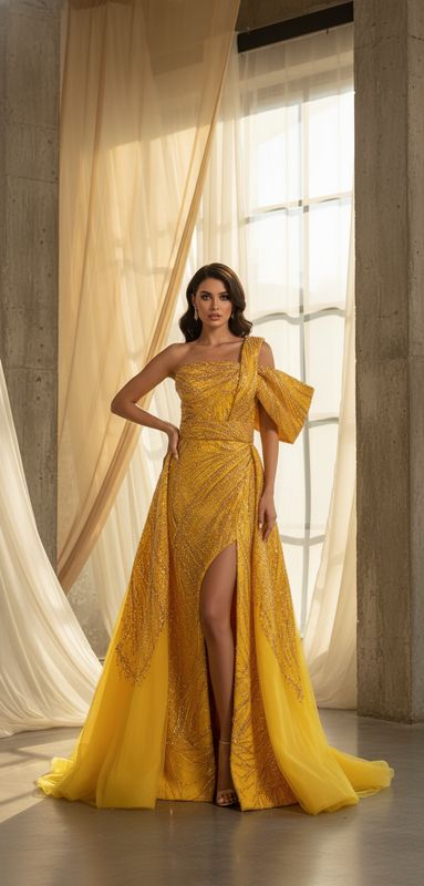 VESTIDO LARGO 	COLOR	AMARILLO	TALLA:	44	EU	o	12	US