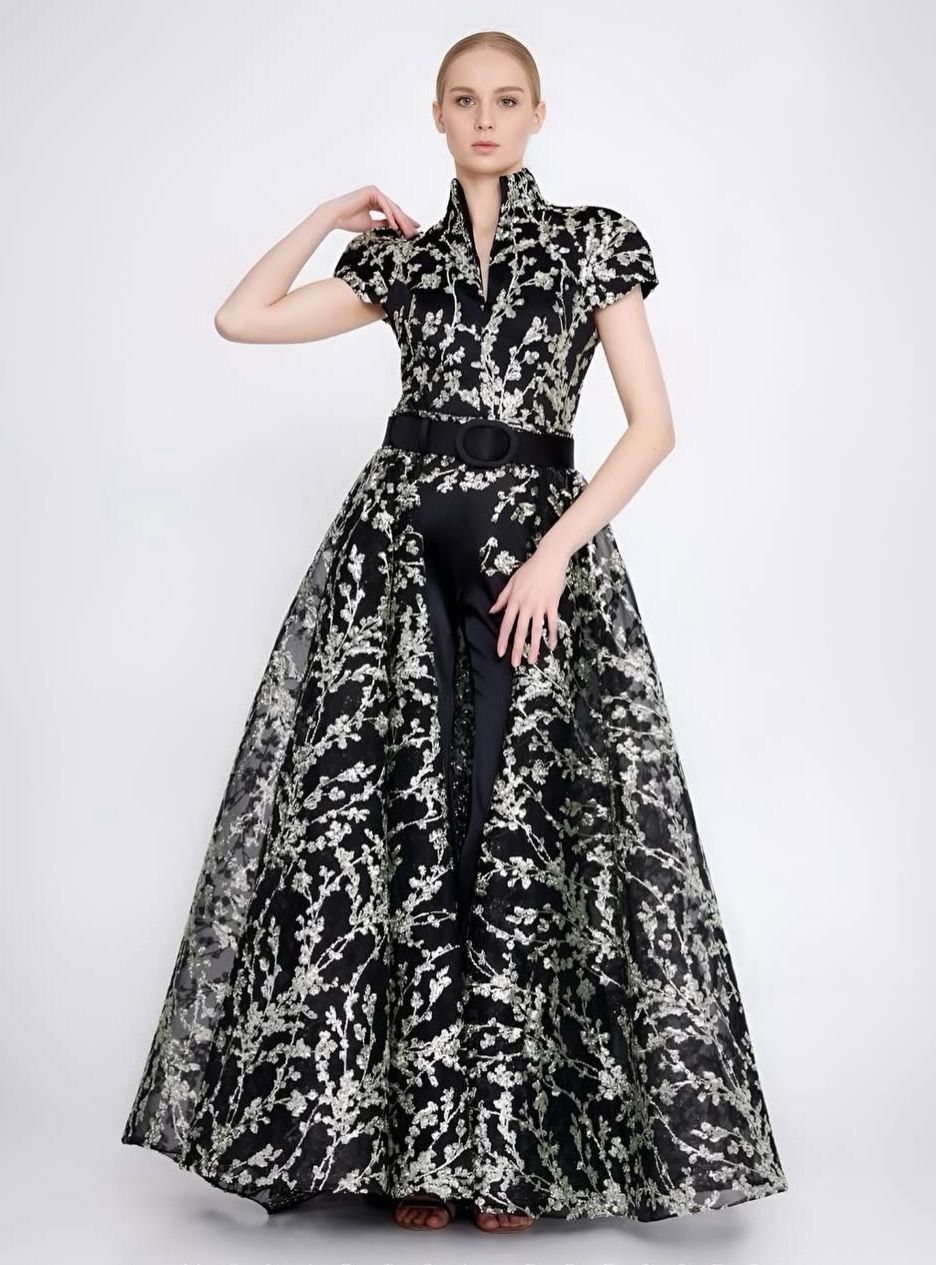 Black tailored jumpsuit with a statement overskirt Black tailored jumpsuit with a statement overskirt