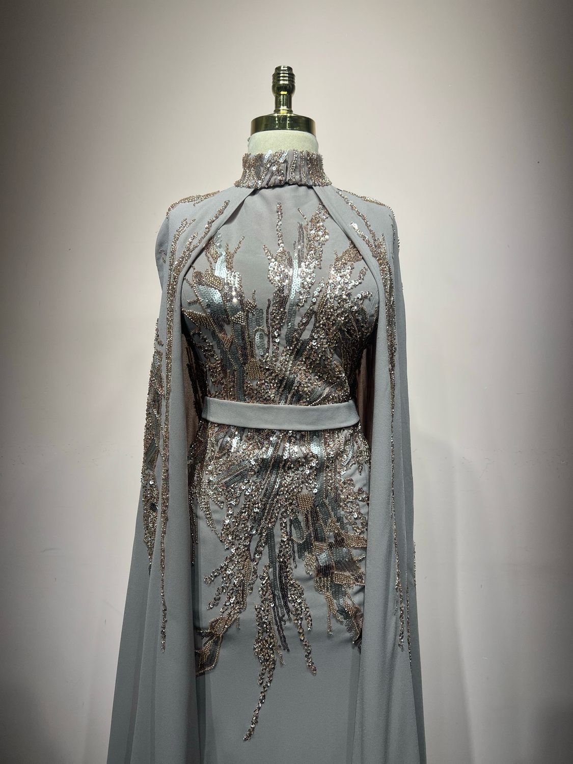 Long sleeve, Cape Gown. -Beige