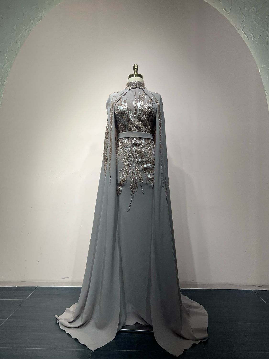 Long sleeve, Cape Gown. -Beige