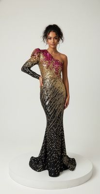 Vestido largo color negro con dorado y fucsia, talla 44 - L