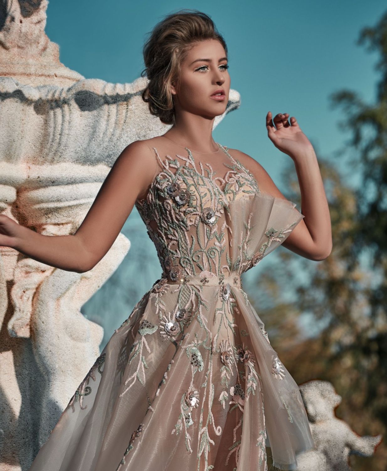 Beige Gown, Floral Beading Beige Gown, Floral Beading