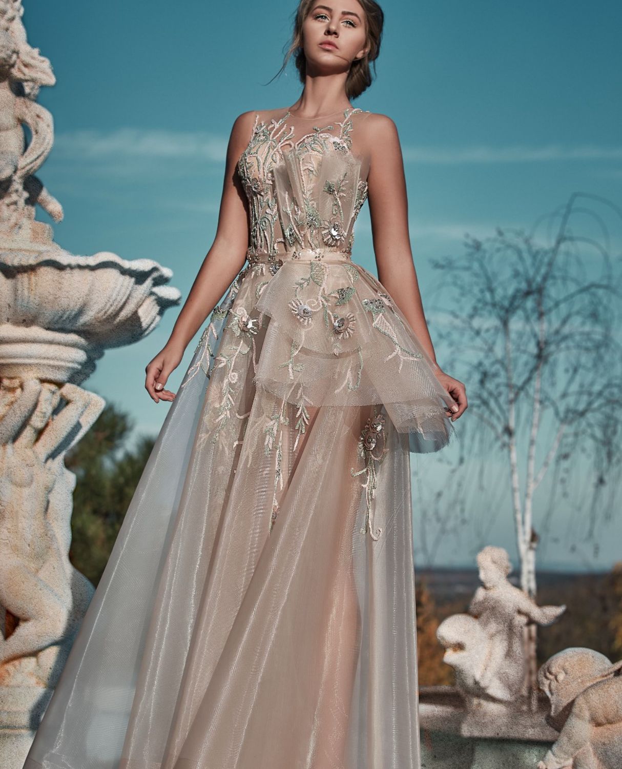 Beige Gown, Floral Beading Beige Gown, Floral Beading