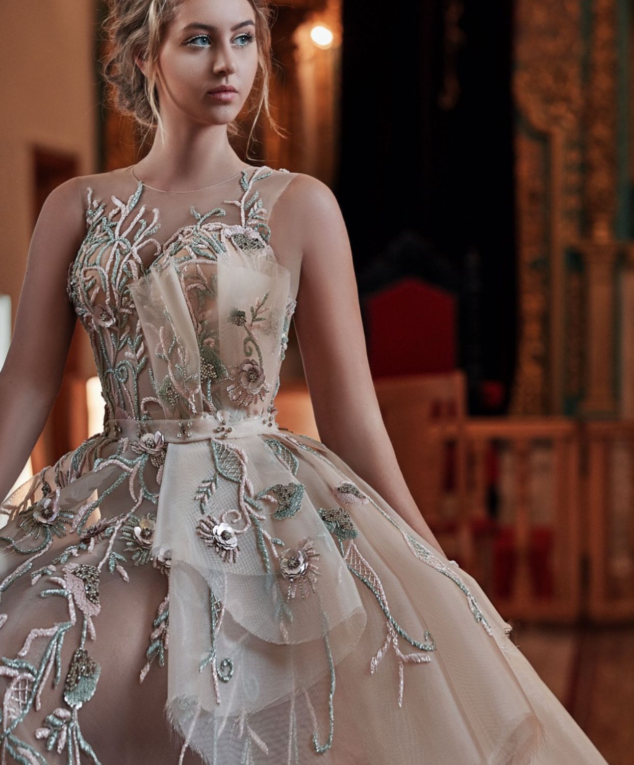 Beige Gown, Floral Beading Beige Gown, Floral Beading