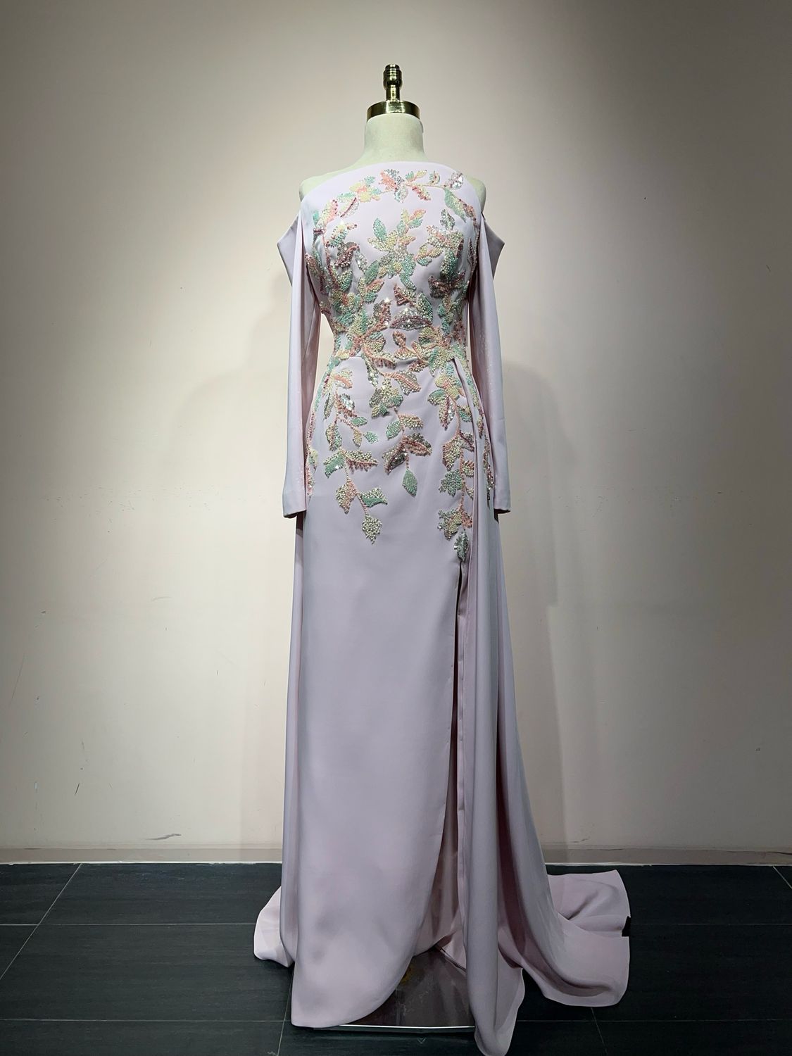 Long-sleeve, off-shoulder mermaid with overskirt drama