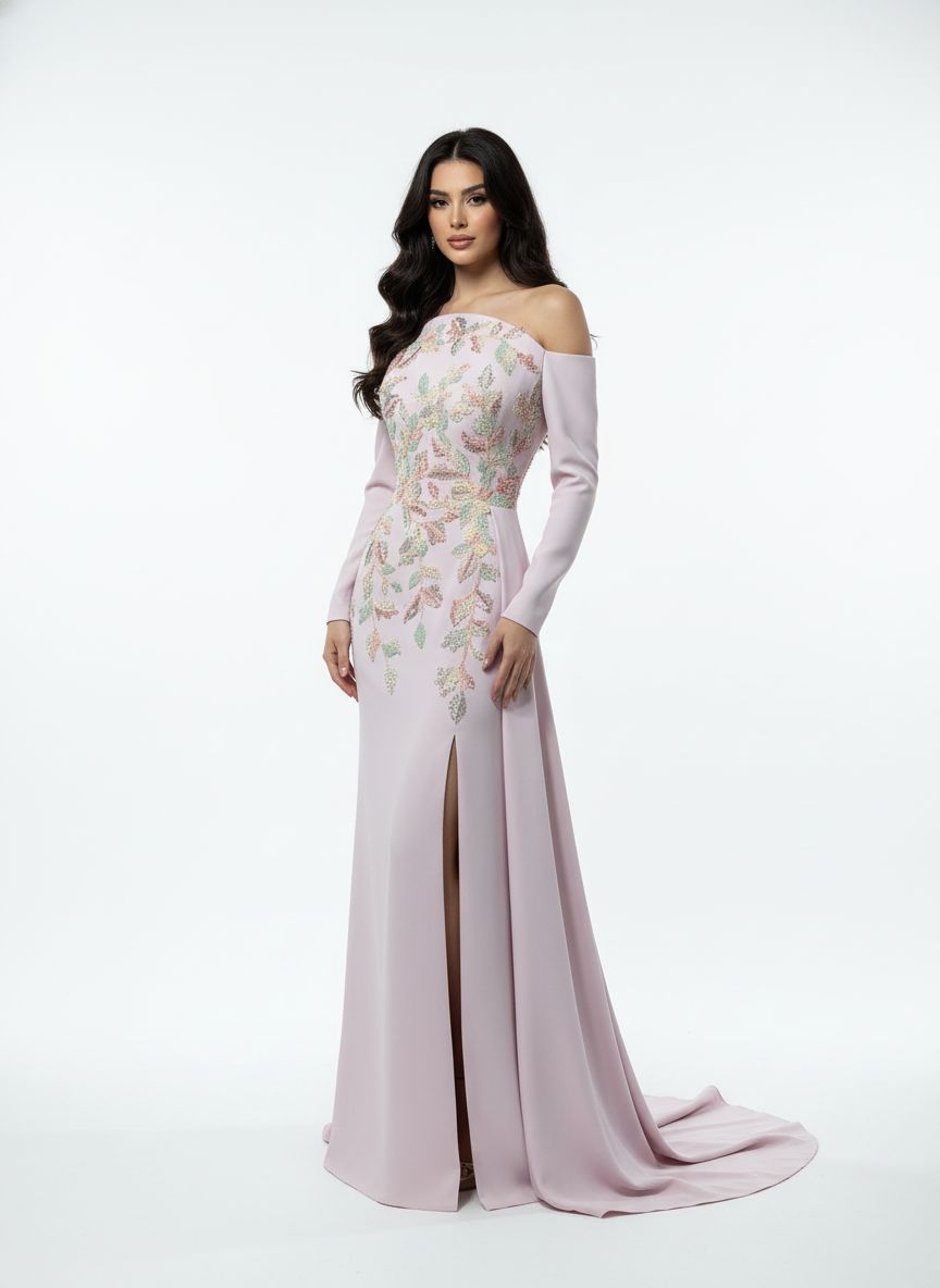Long-sleeve, off-shoulder mermaid with overskirt drama