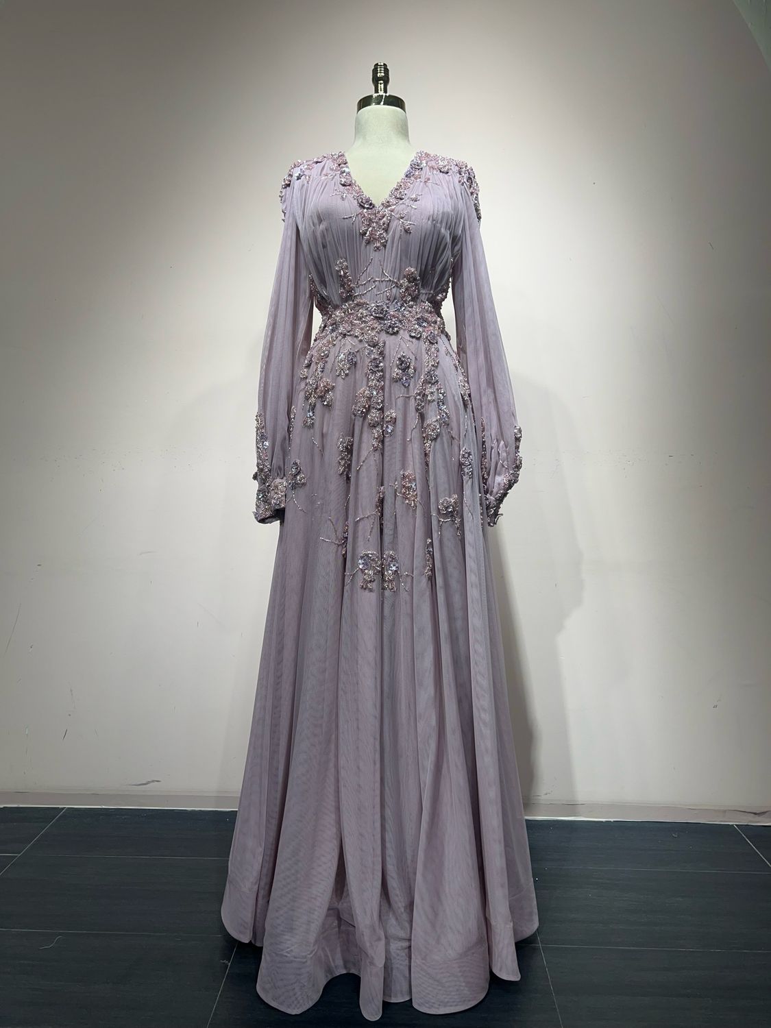 Long Sleeve, V neck Gown