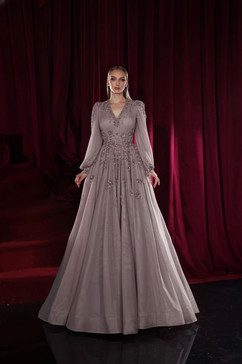 Long Sleeve, V neck Gown