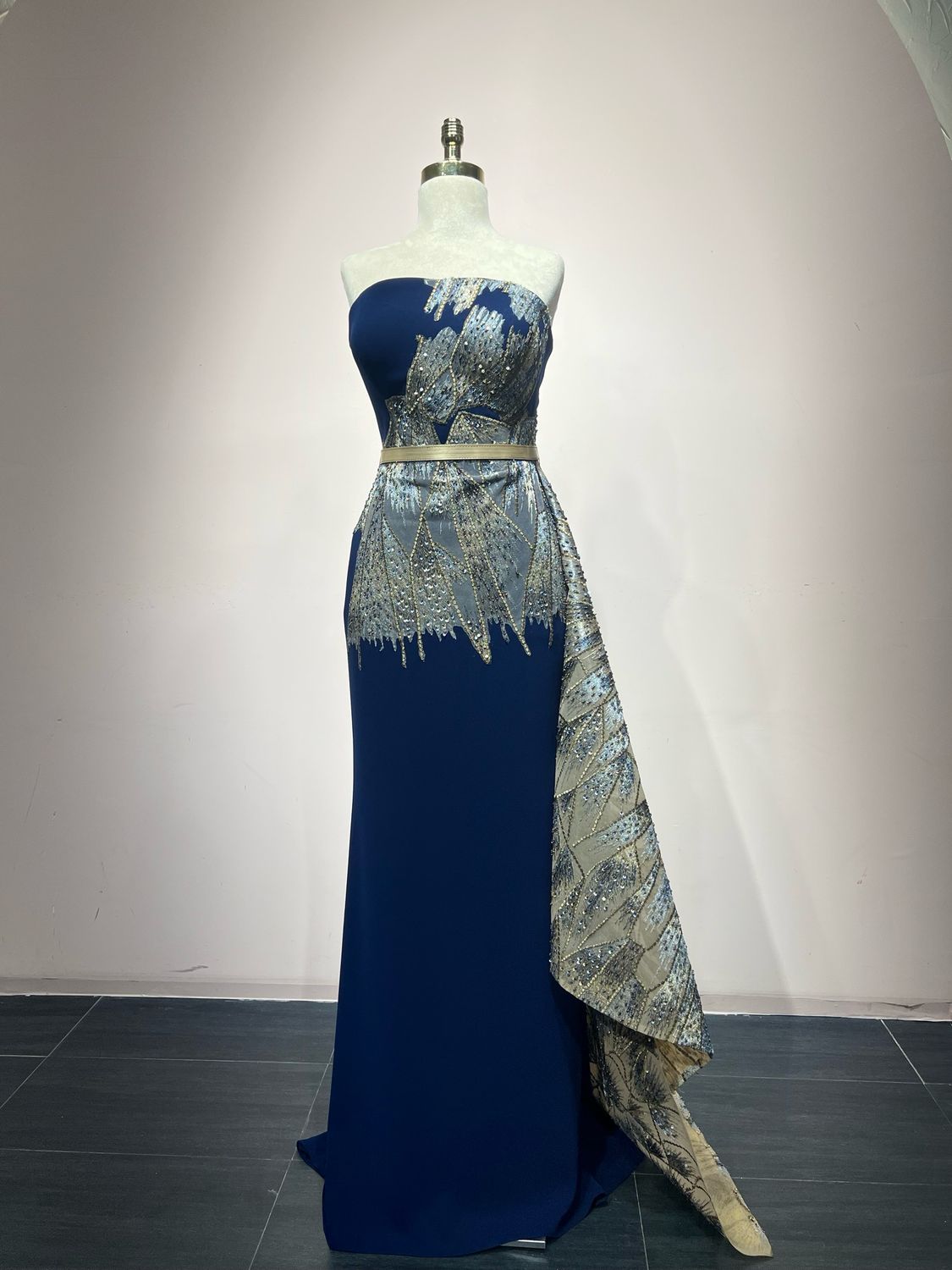Royal Blue Strapless Gown with Silver Embellished Overskirt