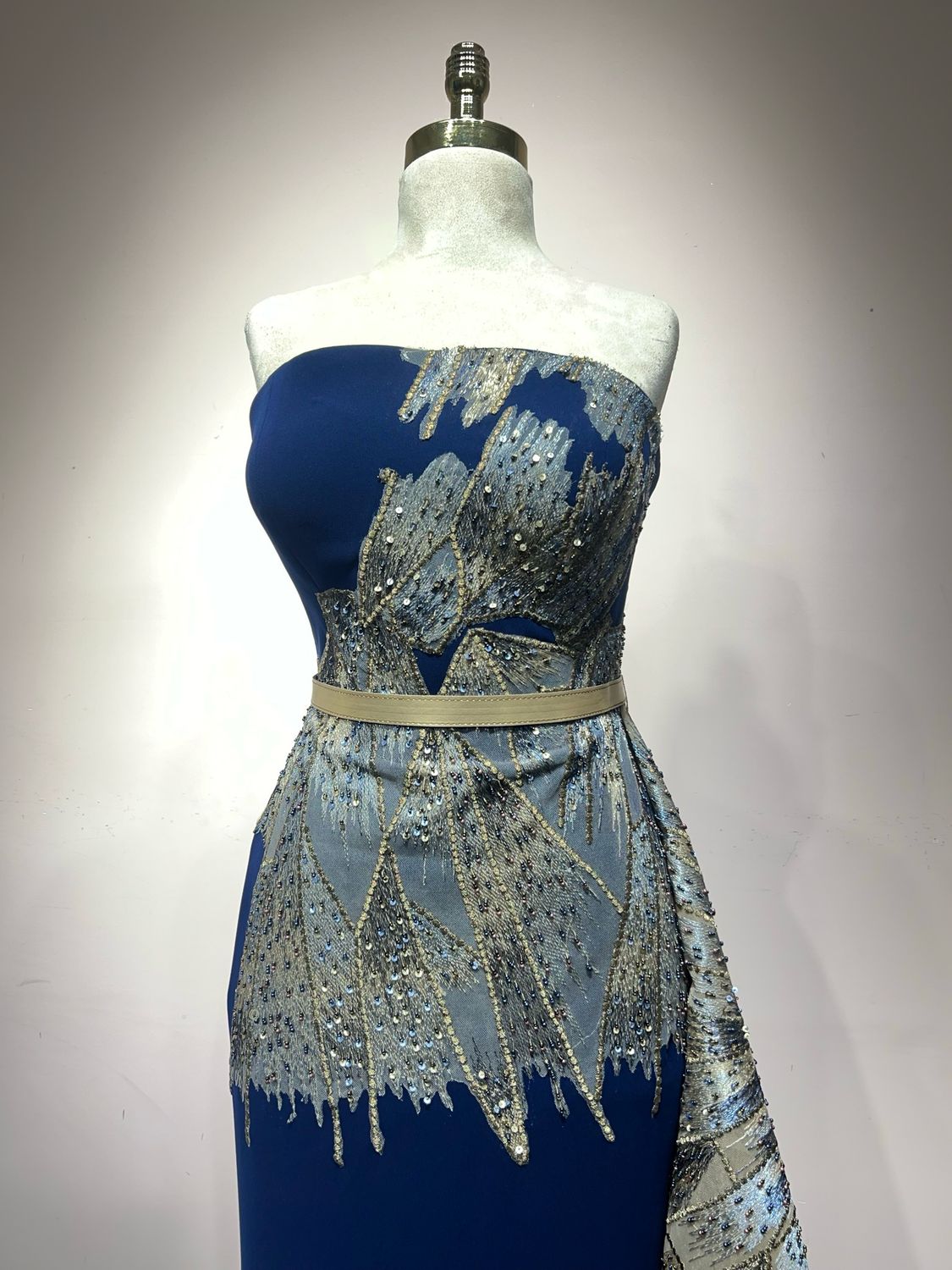 Royal Blue Strapless Gown with Silver Embellished Overskirt