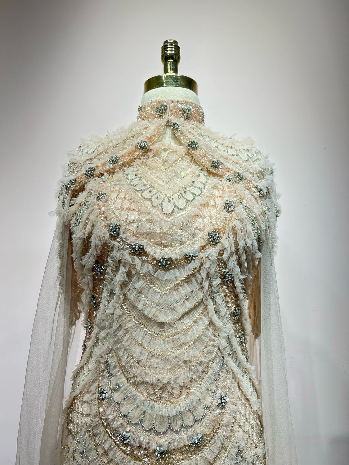 Fully Embroidered Tulle Gown With Cape