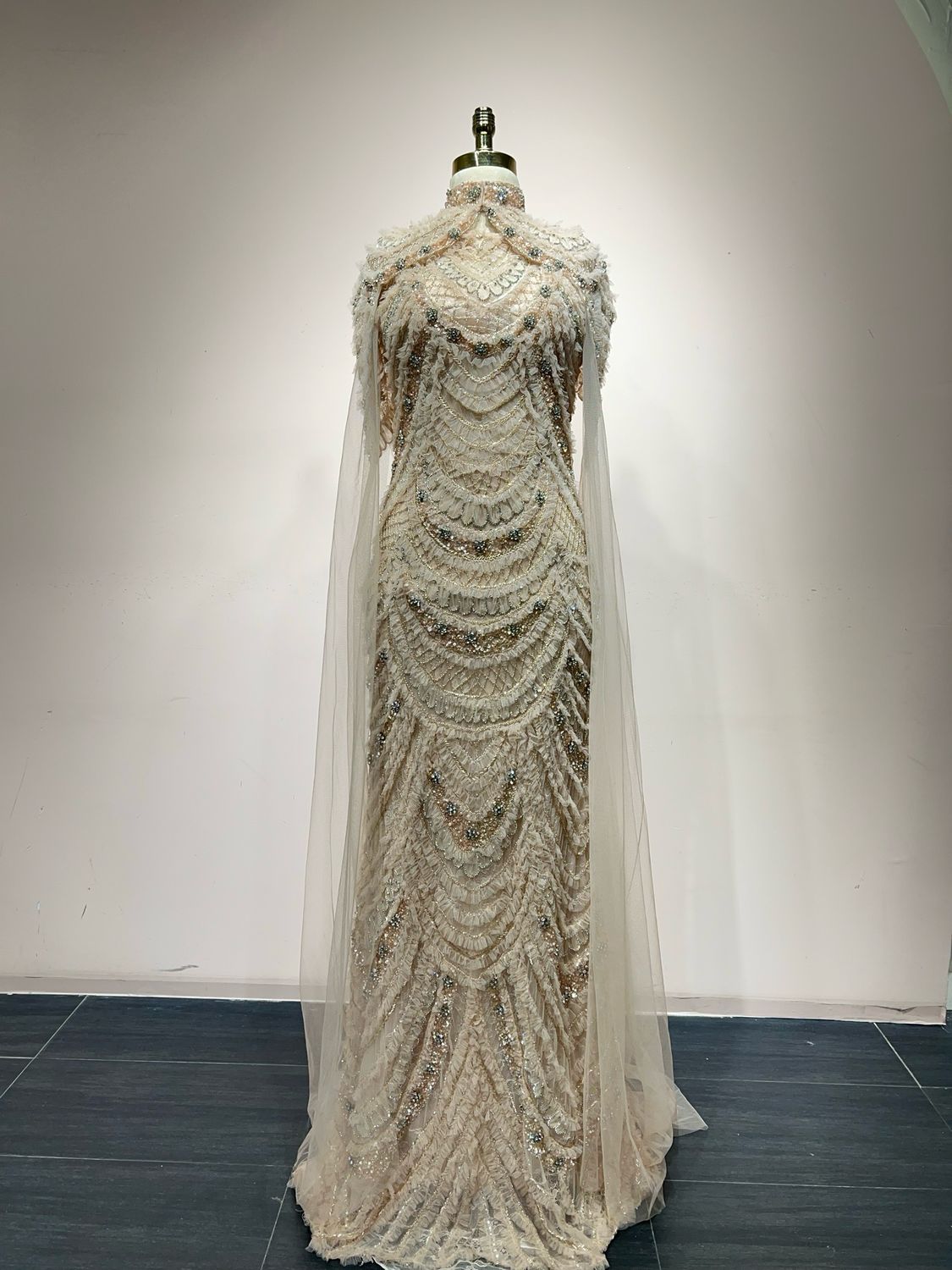 Fully Embroidered Tulle Gown With Cape