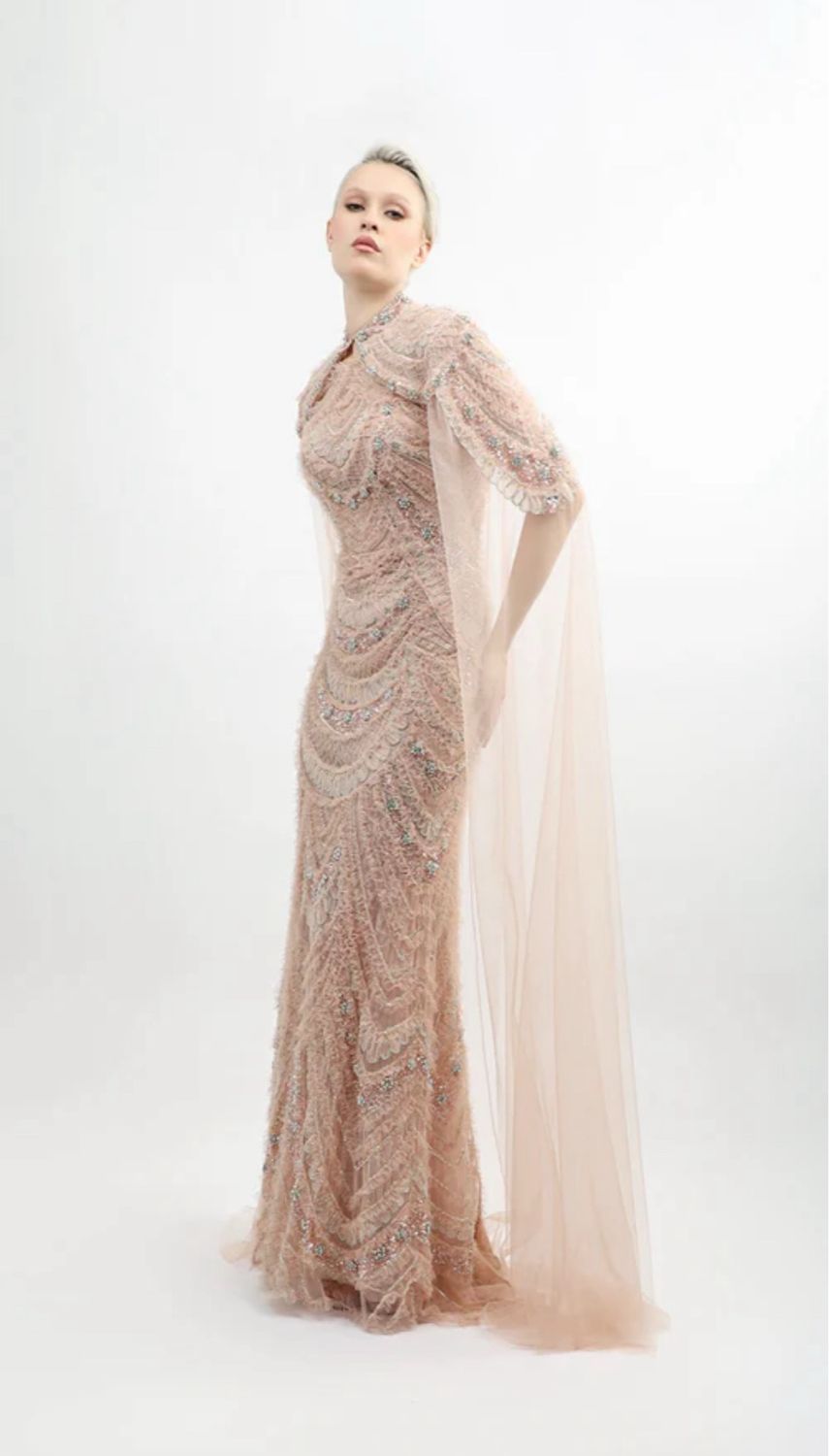 Fully Embroidered Tulle Gown With Cape