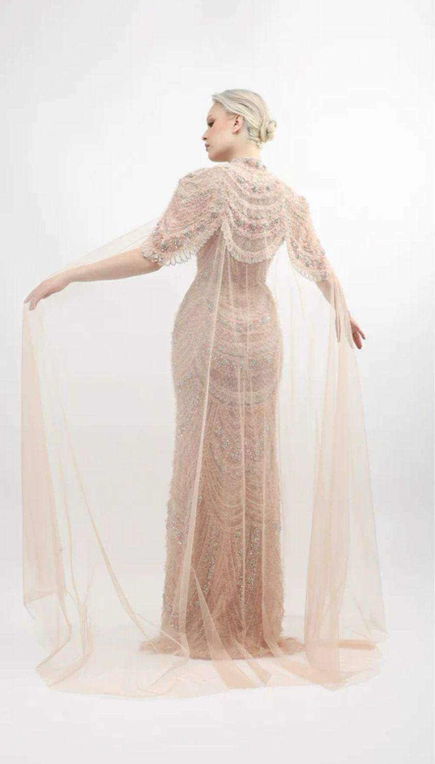 Fully Embroidered Tulle Gown With Cape