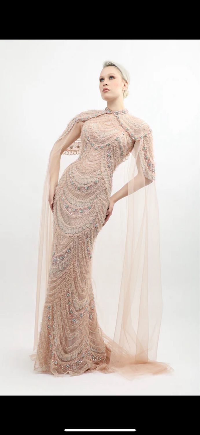 Fully Embroidered Tulle Gown With Cape