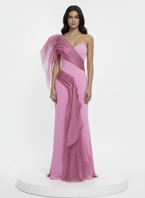 One-shoulder pink gown with soft cascading drapes