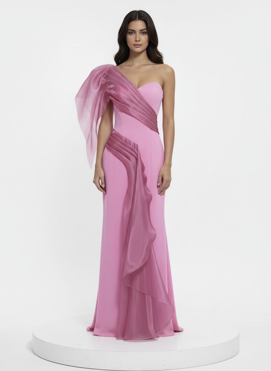 One-shoulder pink gown with soft cascading drapes