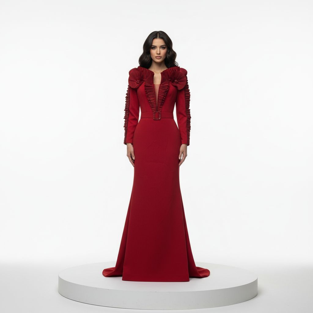 Off Shoulder- Long Sleeved Red Gown