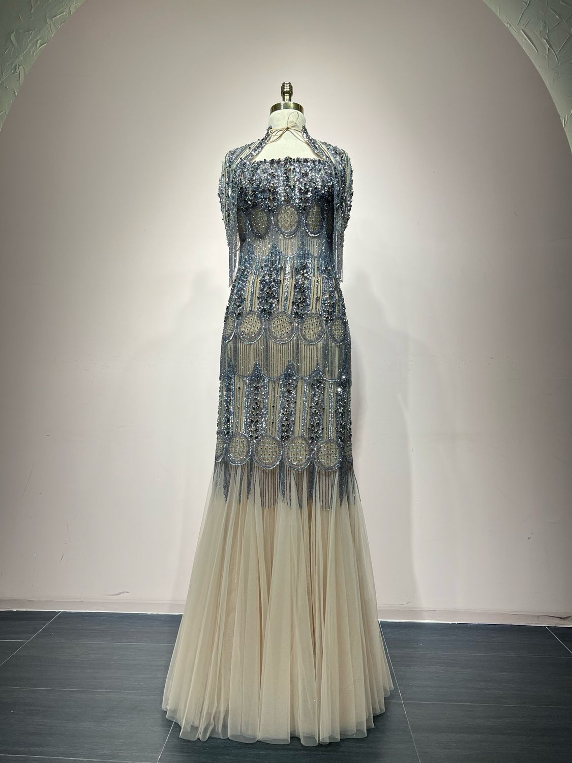 Strapless Tule Dress With Hand Embroidery And Embroidered Bolero