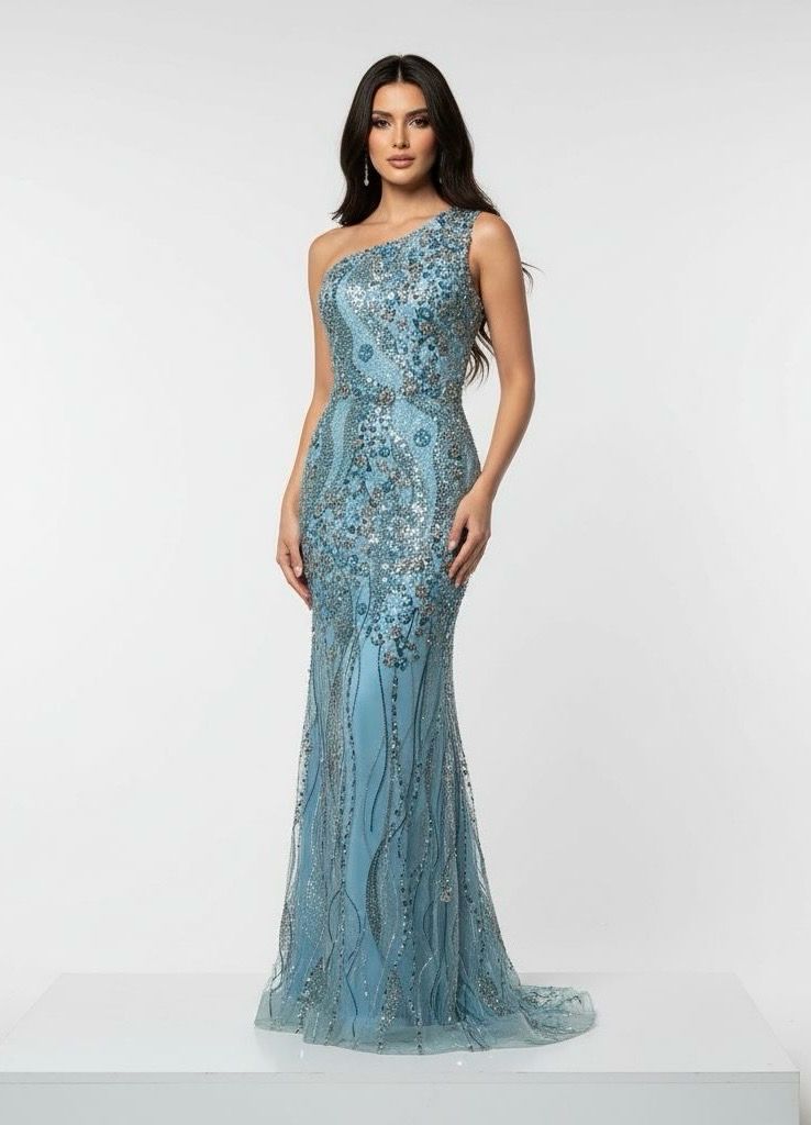 One-shoulder Blue Gown