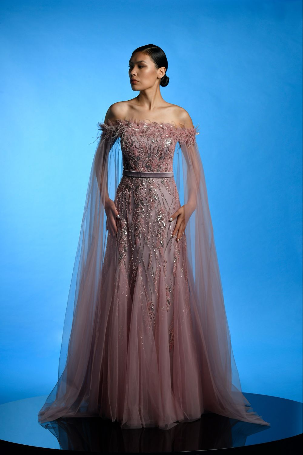 Blush off-shoulder gown