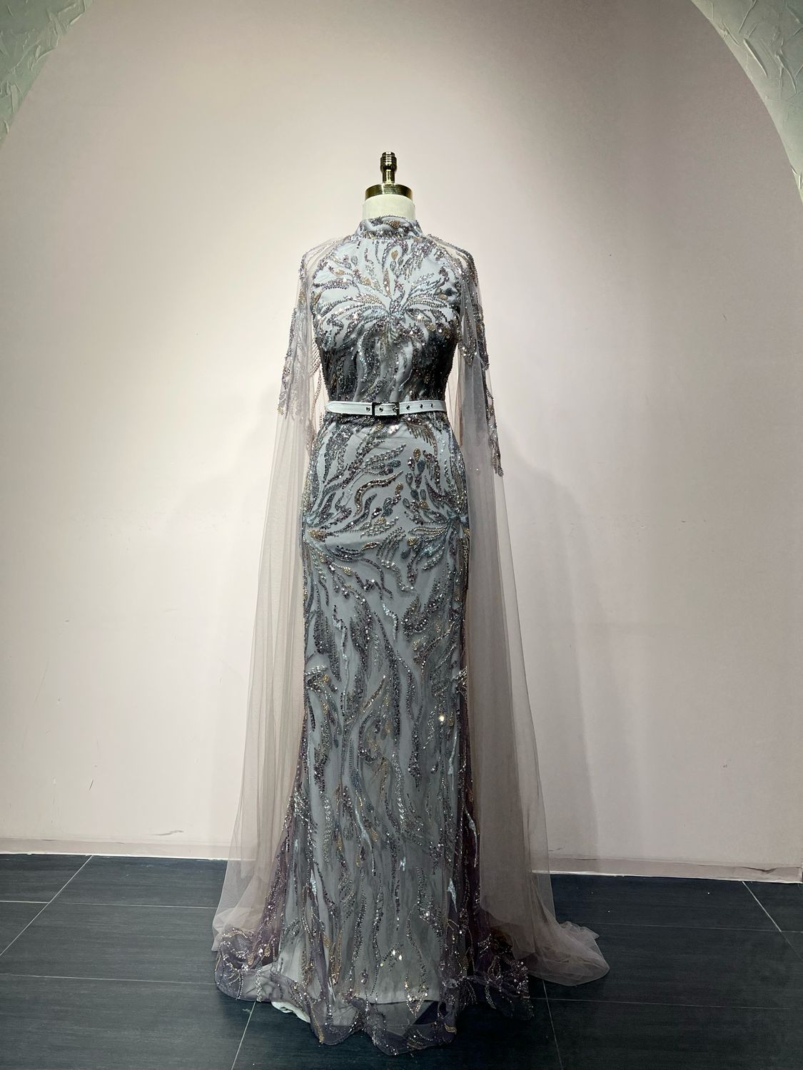 Bronze Cape-Sleeve Gown