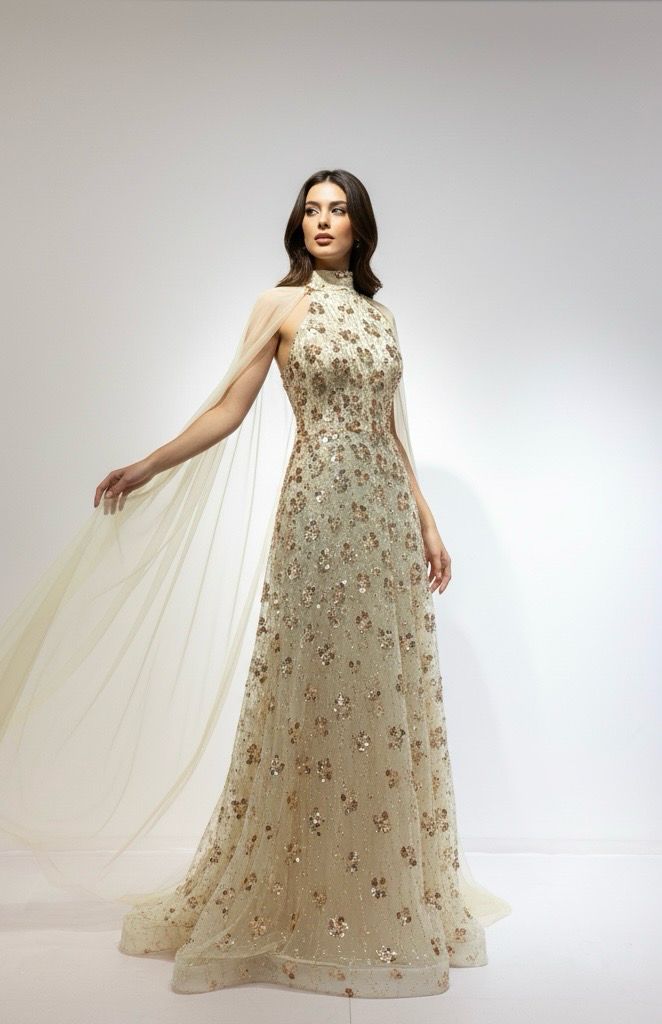 Rose Gold Cape Sleeve Gown