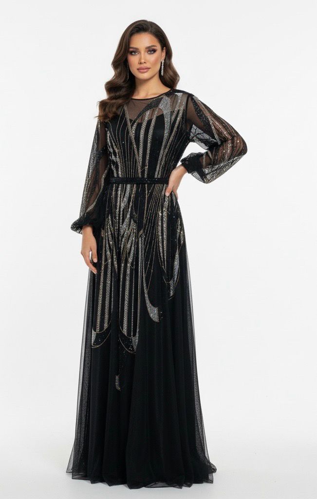 Long Sleeved Black &amp; Silver Gown