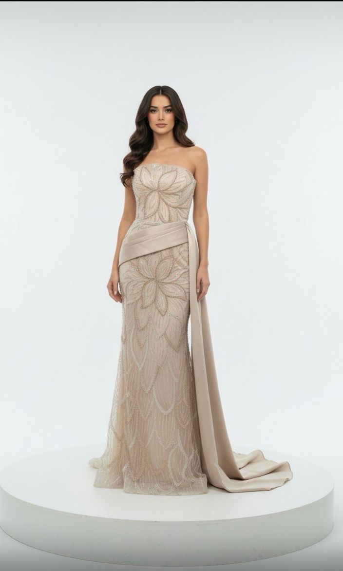Strapless beaded gown with a sculpted silhouette and chic satin drape