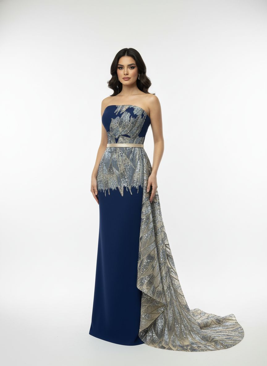 Royal Blue Strapless Gown with Silver Embellished Overskirt