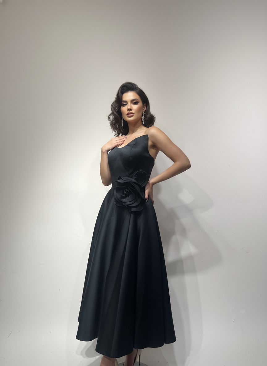 Black Midi Dress with Floral appliqué 