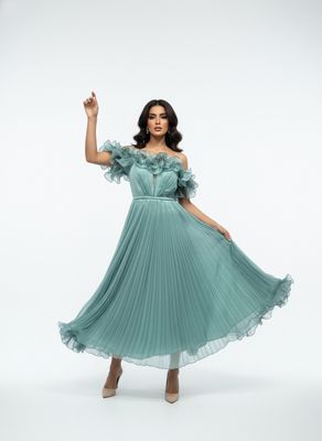 Mint light blue,	ruffled midi dress.