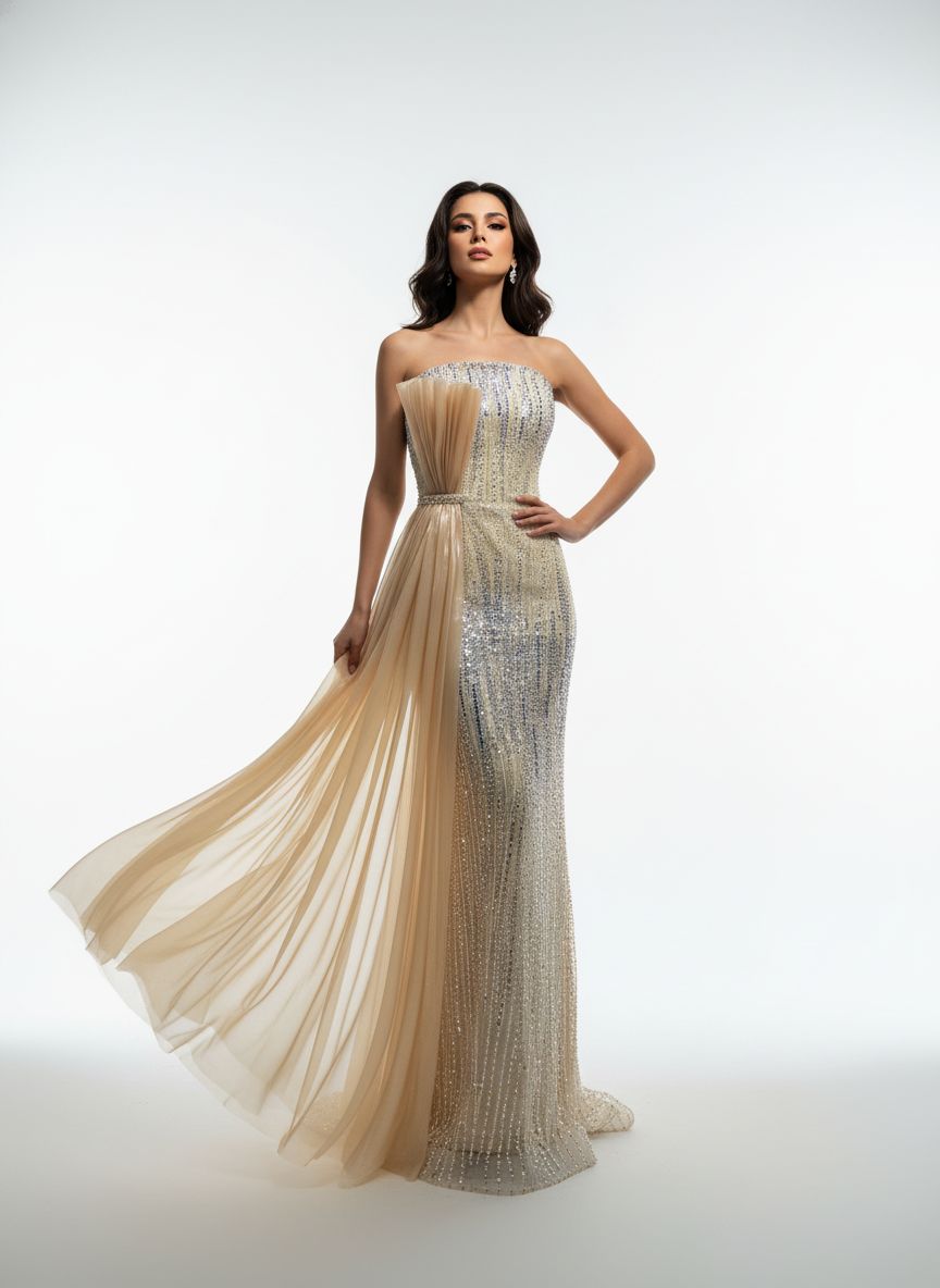Sequined strapless gown with a champagne side drape.