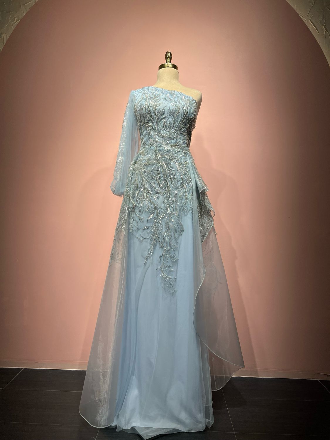 One-shoulder light blue Gown