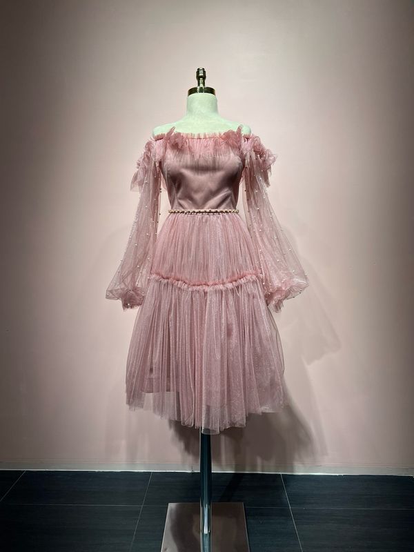 Coral pink,	Mini dress.