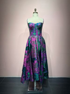 fuchsia with green,	midi dress.