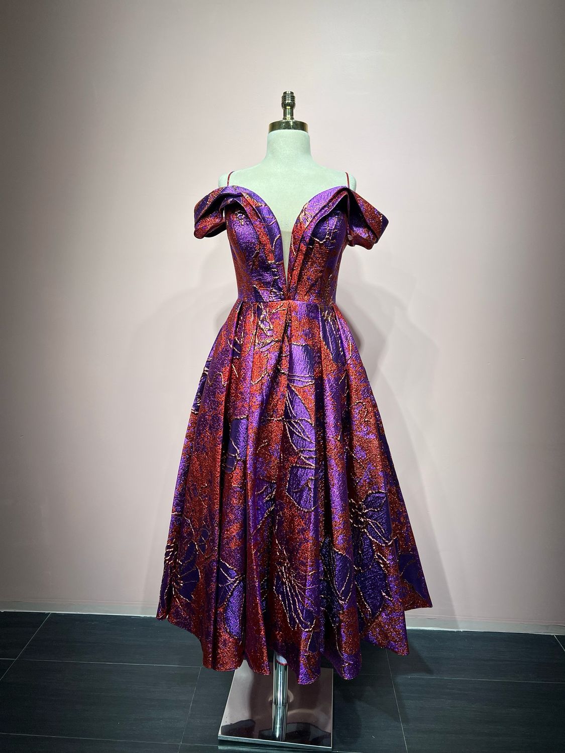 red with fuchsia,	midi dress.