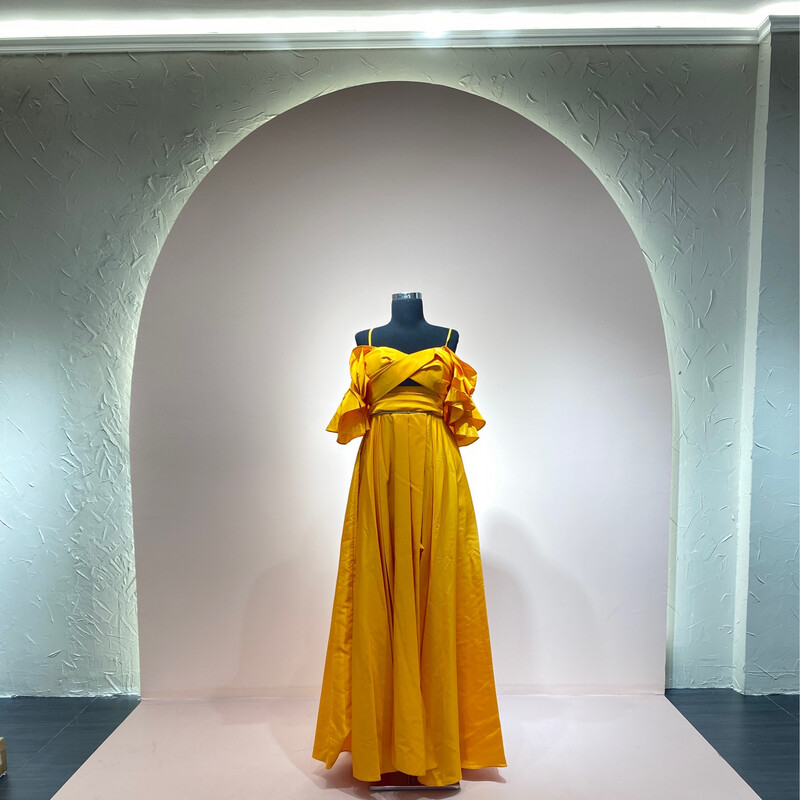 Mustard yellow,	maxi dress.