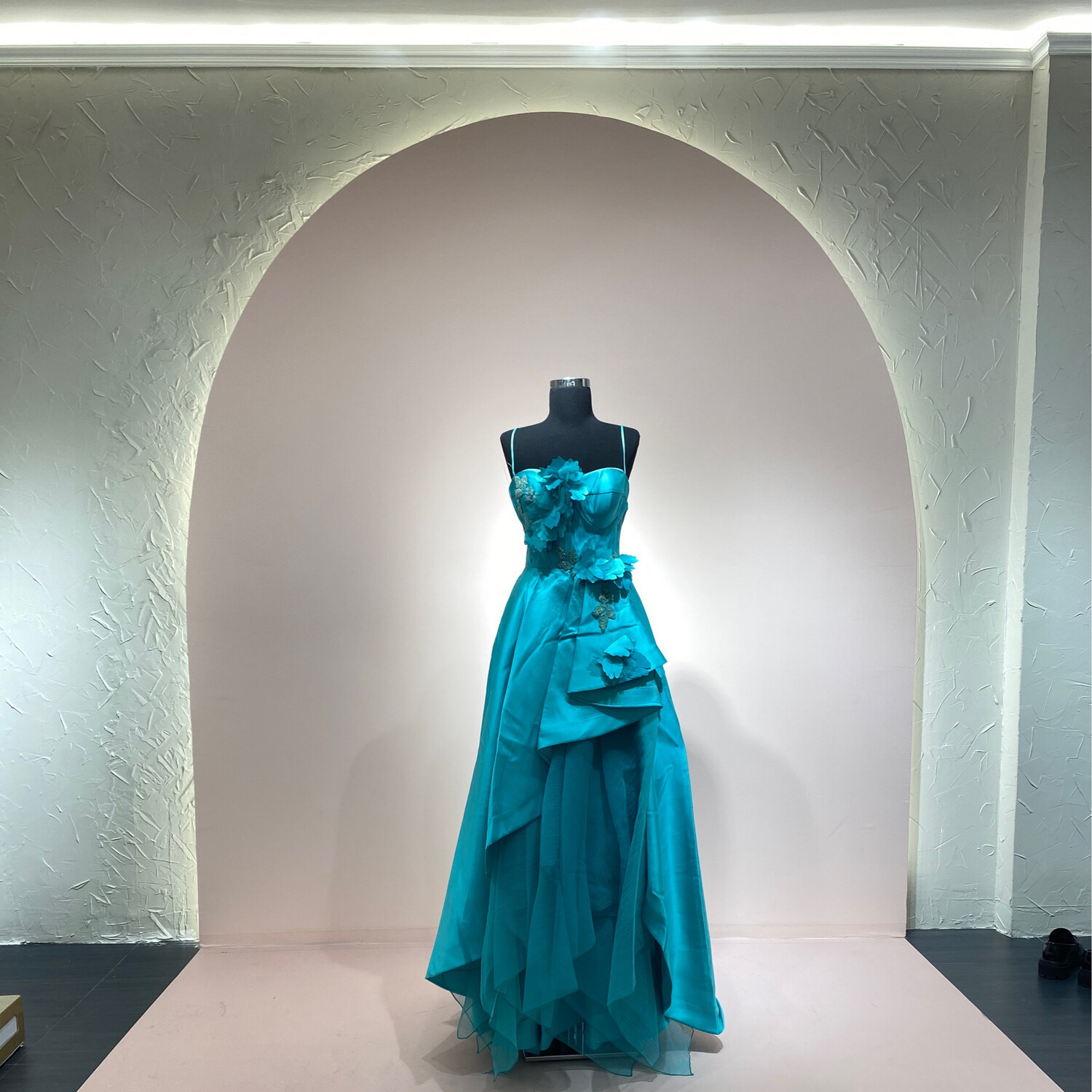 Turquoise, layered maxi dress.