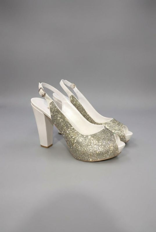 WHITE GLITTER SLINGBACK HEELS