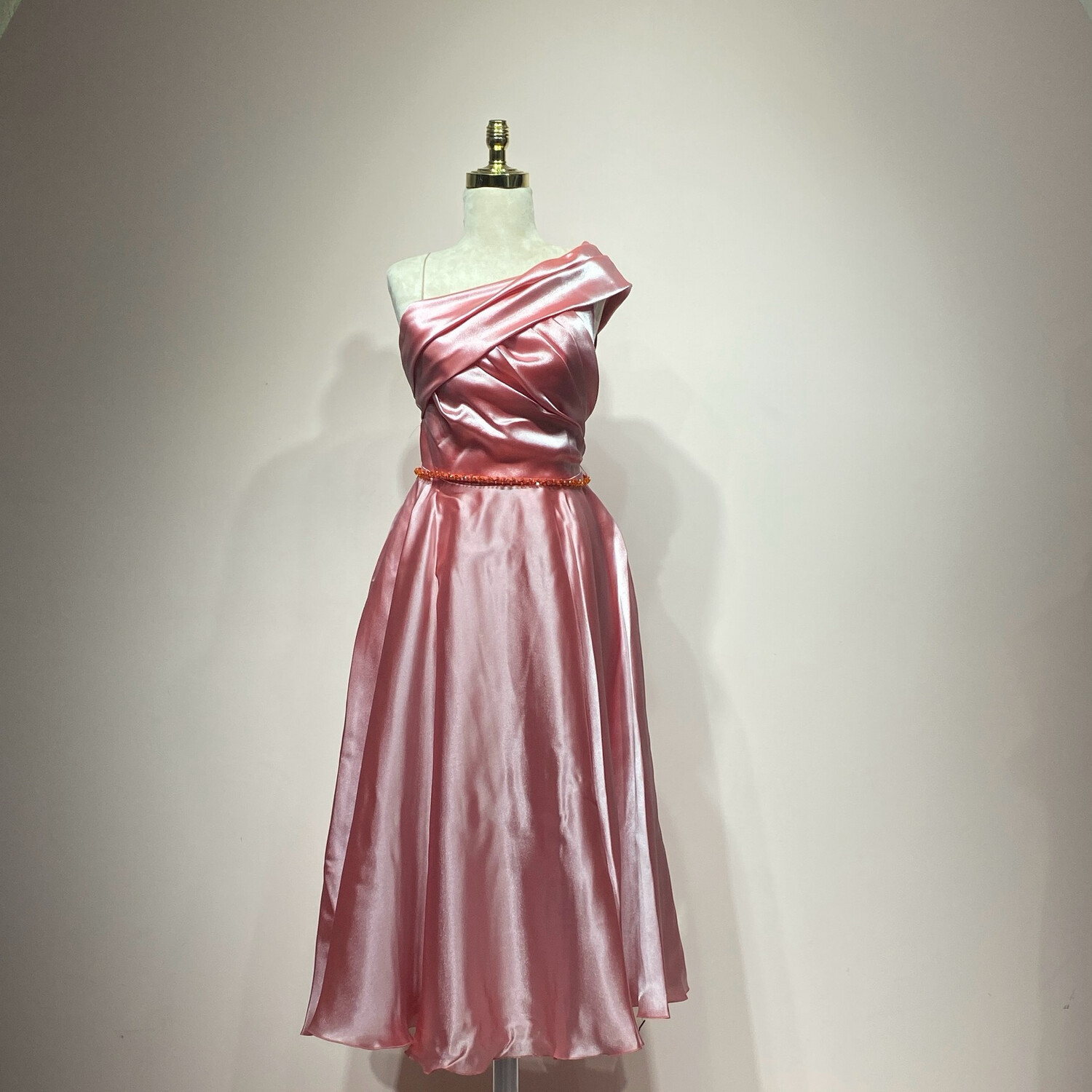 Coral pink,	midi dress.