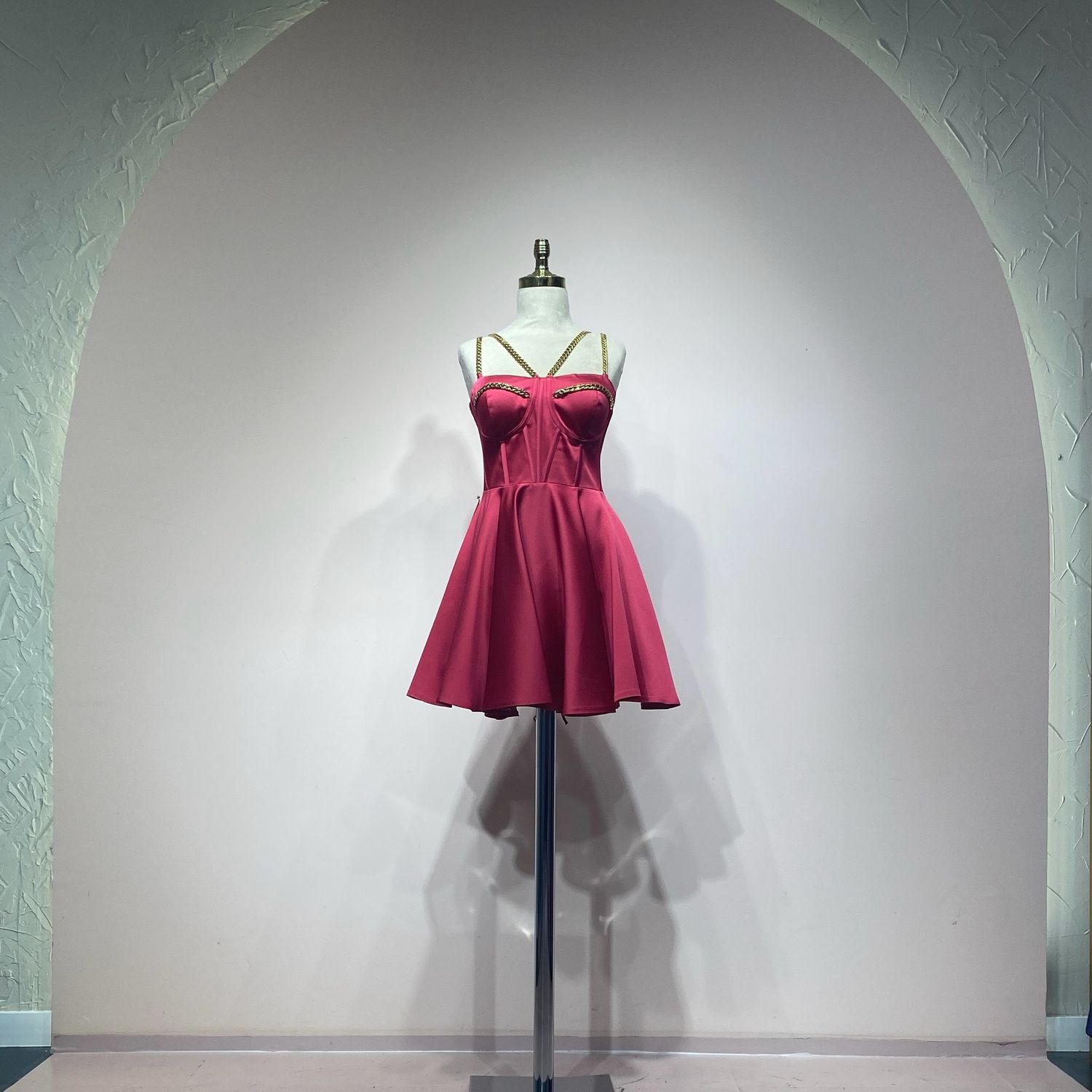 Fuchsia,	mini dress.