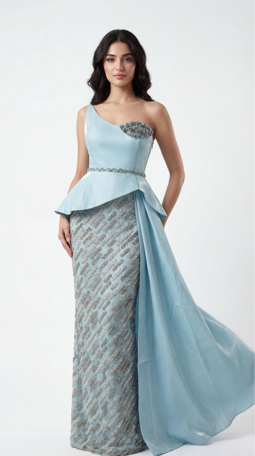 Long	baby blue	dress,	size	44