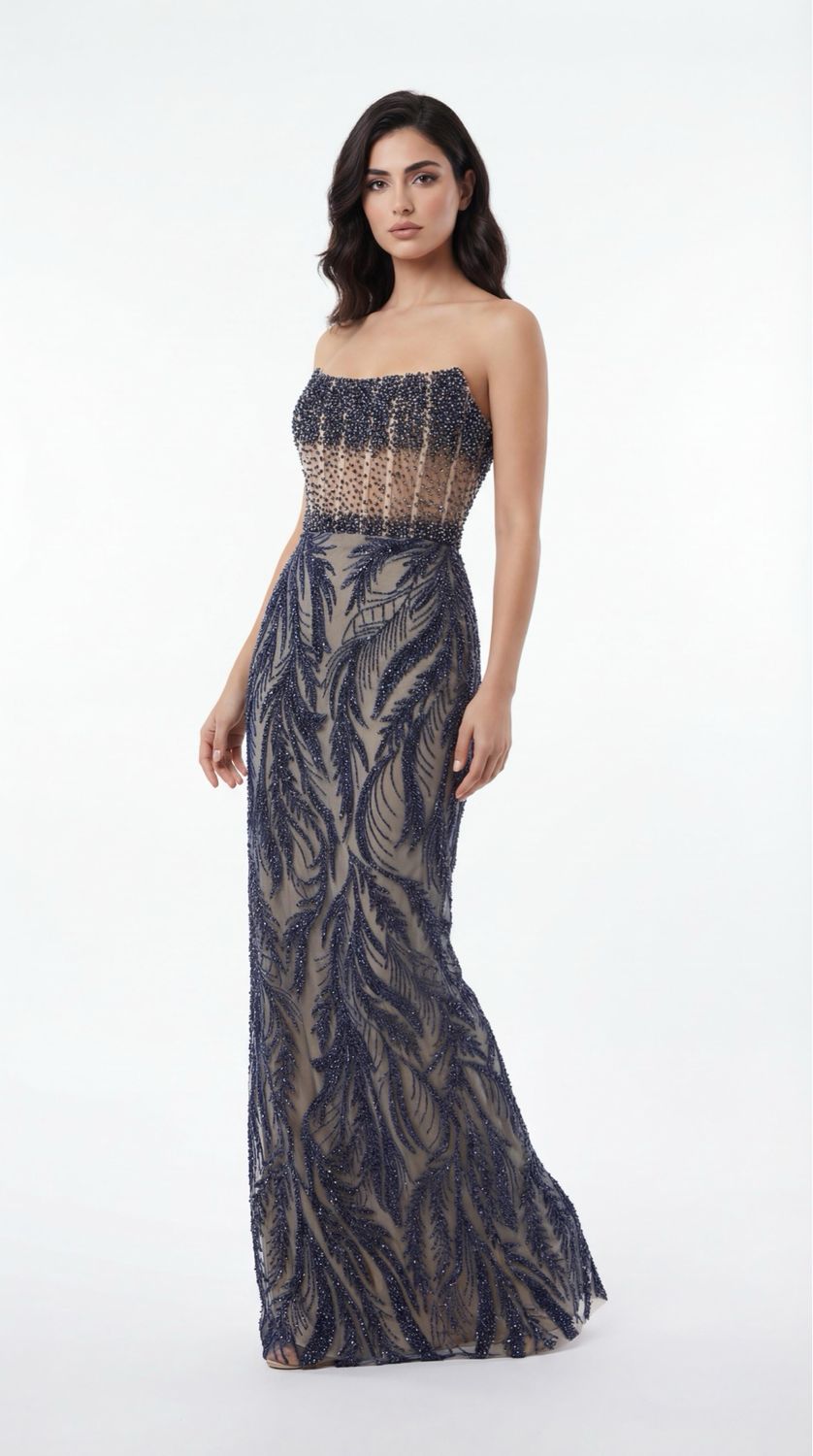 Long	navy blue	dress,	size	38  - 42