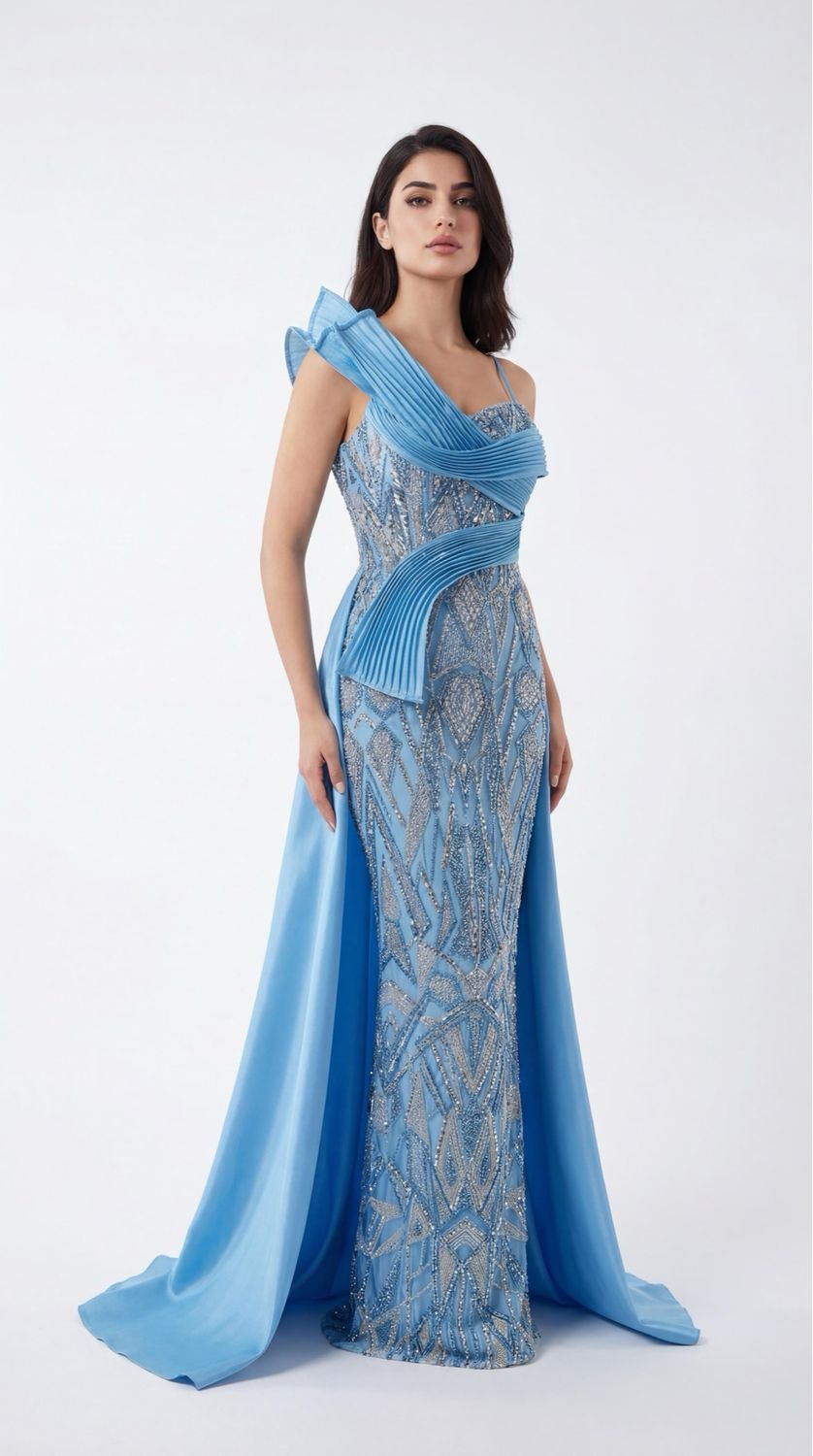 Long	baby blue	dress,	size	40