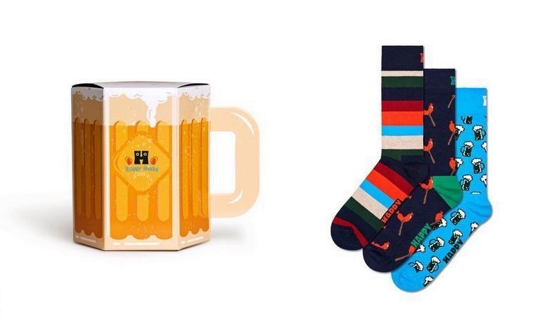 3 Paar Happy Socks Wurst & Bier Baumwoll-Socken  Geschenk-Box Blau/Navy/Rot
