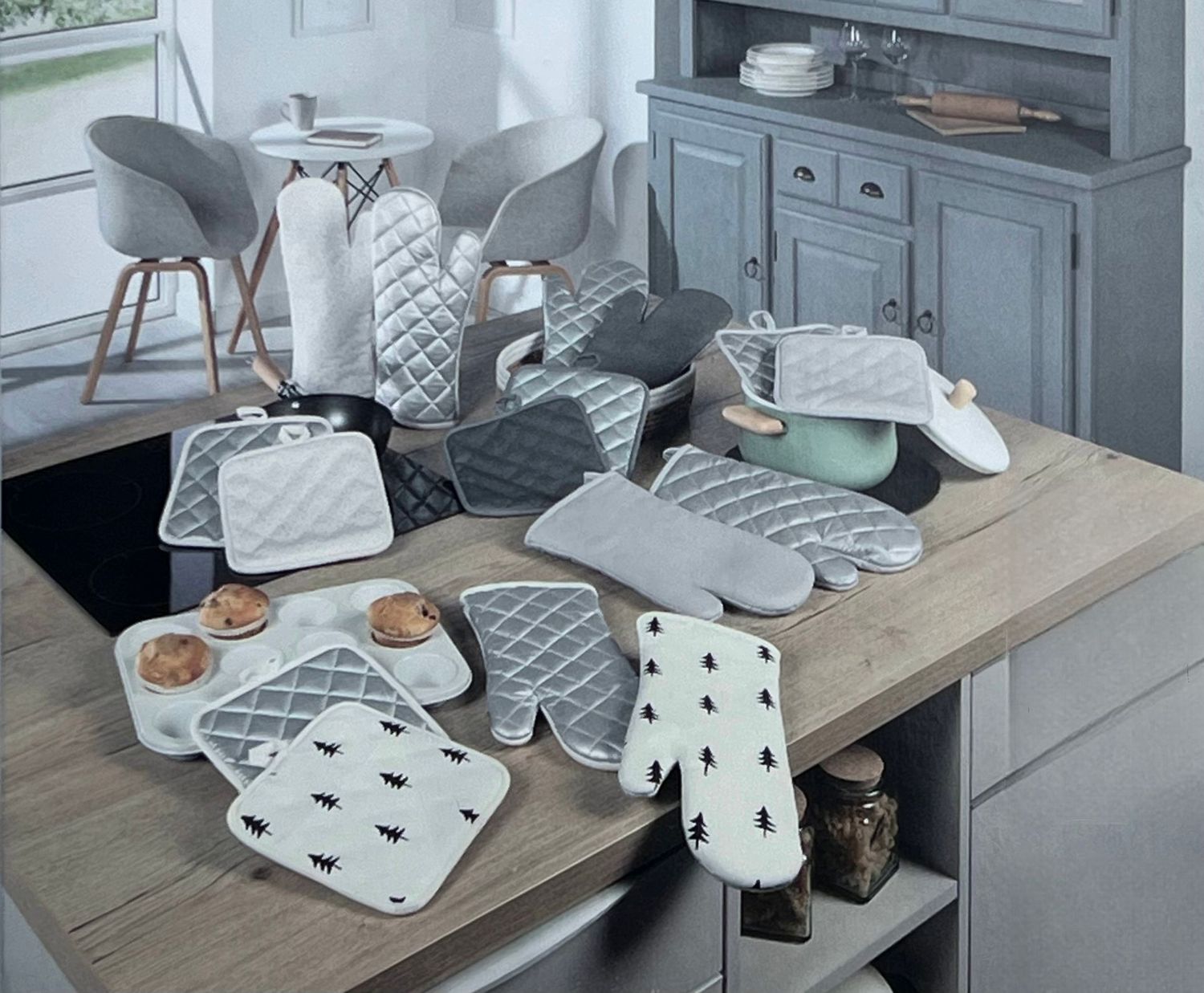 2 Ofenhandschuhe  2 Topflappen 4er Set,  Hitzebeständige  Topfhandschuhe