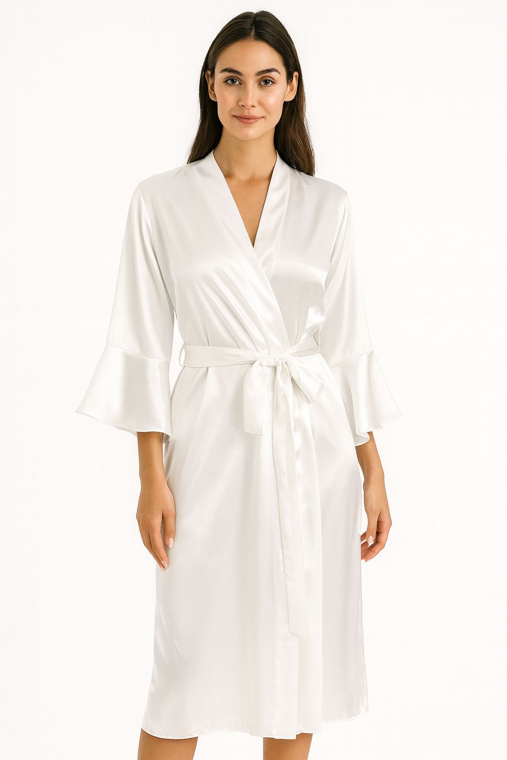 Bata de Satin Blanca Larga con Vuelos Elegantes para Novia